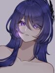  1girl acheron_(honkai:_star_rail) collarbone commentary earrings english_commentary eyes_visible_through_hair hair_ornament hair_over_one_eye highres honkai:_star_rail honkai_(series) implied_nudity jewelry long_hair looking_at_viewer multicolored_hair portrait purple_eyes purple_hair simple_background solo streaked_hair white_background yeeeepka 