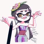  1girl arms_up art_tools_in_frame black_hair callie_(splatoon) covered_navel cropped_legs dated eyelashes food fruit herb highres inkling lemon lemon_slice long_hair mole mole_under_eye official_alternate_costume open_mouth pointy_ears short_eyebrows shrimp simple_background smile solo splatoon_(series) splatoon_3 star-shaped_pupils star_(symbol) strapless symbol-shaped_pupils teeth tentacle_hair thick_eyebrows tojillust traditional_media translation_request white_background yellow_eyes 