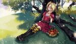  1girl apple basket blonde_hair boots closed_eyes commission deathpolca demons_roots dress food fruit full_body grass guinii4 highres long_hair nature one_side_up outdoors sleeping solo tree zettai_ryouiki 