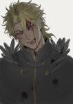  1boy black_coat bleeding bleeding_from_forehead blonde_hair blood blood_in_hair blood_on_clothes blood_on_face bustersiri coat dio_brando ear_birthmark fangs fangs_out feather_trim head_tilt highres injury jojo_no_kimyou_na_bouken looking_at_viewer male_focus open_mouth phantom_blood red_eyes simple_background smirk solo vampire white_background 
