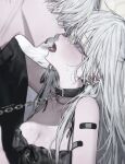  1boy 1girl absurdres after_kiss aochan_1325 bandaid bandaid_on_arm bare_shoulders black_collar blush breasts chain chain_leash cleavage collar couple ear_piercing grey_eyes hetero highres leash long_hair looking_at_another open_mouth original piercing pill pill_on_tongue saliva small_breasts tongue tongue_out white_hair 