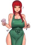 1girl ? absurdres apron bangs bare_shoulders barista braid braided_ponytail breasts chainsaw_man cleavage closed_mouth commentary cup curvy disposable_cup english_commentary green_apron highres holding holding_cup holding_marker iced_latte_with_breast_milk_(meme) large_breasts makima_(chainsaw_man) marker meme naked_apron red_hair ringed_eyes smile solo sren244 starbucks thick_thighs thighs white_background yellow_eyes 