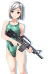  1girl absurdres ar-15 assault_rifle breasts brown_eyes camouflage clothes_writing commentary_request competition_swimsuit feet_out_of_frame green_one-piece_swimsuit grey_hair gun highleg highleg_swimsuit highres holding holding_gun holding_weapon one-piece_swimsuit original rifle short_hair simple_background small_breasts solo standing swimsuit takafumi translation_request trigger_discipline variant_set weapon white_background 