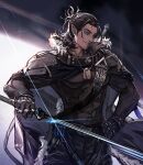  1boy arknights armor belt belt_buckle black_hair buckle cape dark-skinned_male dark_skin dog_tags fur-trimmed_collar fur_trim gloves hair_slicked_back holding holding_sword holding_weapon muscular muscular_male pointy_ears ryuuzaki_ichi solo standing sword taut_clothes toland_(arknights) weapon 