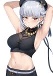  1girl armpits arms_up belt black_belt black_beret black_ribbon black_shirt black_tassel blunt_bangs blush breasts cleavage crop_top earrings grey_hair hair_ribbon highres jewelry kauru00 large_breasts long_ribbon looking_at_viewer medium_hair midriff mismatched_pupils mole mole_under_mouth navel parted_lips red_eyes ribbon sanhua_(wuthering_waves) see-through see-through_cleavage shirt simple_background solo tacet_mark_(wuthering_waves) white_background wuthering_waves 