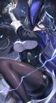  1girl antique_firearm arm_up black_hair blue_hair breasts clorinde_(genshin_impact) corset genshin_impact gun hat highres holding holding_gun holding_weapon koissa large_breasts lightning looking_at_viewer multicolored_hair pantyhose plume purple_eyes solo streaked_hair thigh_strap tricorne weapon 
