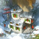  6+others animal architecture balcony bucket building carrying chimney cobblestone door forest gnome hat highres holly house mini_person multiple_others mushroom nature original plant pointy_hat potted_plant railing red_hat scenery shovel snow squirrel stairs tree window window_shutter winter yoshida_seiji 