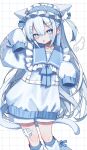  1girl absurdres animal_ears bandaid bandaid_on_cheek bandaid_on_face bandaid_on_leg blue_bow blue_eyes blue_hair blue_hairband bow cat_ears cat_girl cat_tail claw_pose collar collarbone ear_piercing feet_out_of_frame frilled_sailor_collar frills gauze grid_background hair_between_eyes hair_ornament hairband hairclip hands_up highres long_hair long_sleeves looking_at_viewer loose_socks open_mouth original piercing sailor_collar shorts simple_background sleeves_past_fingers sleeves_past_wrists socks solo squallea tail two_side_up very_long_hair white_background white_hair white_shorts white_socks wing_hair_ornament 