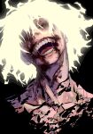  1boy black_background blood blood_from_mouth blood_on_face boku_no_hero_academia closed_eyes glowing glowing_hair head_tilt highres laughing male_focus maskoo185826 open_mouth portrait saliva shigaraki_tomura short_hair simple_background solo teeth tongue white_hair 