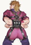  1boy arms_behind_back ass back bdsm blonde_hair bondage bound bound_arms bustersiri dio_brando ear_birthmark fangs fangs_out fingernails highres jojo_no_kimyou_na_bouken long_fingernails looking_at_viewer looking_back male_focus pants phantom_blood red_eyes restrained scarf shirt simple_background solo toned toned_male vampire white_background 