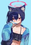  1girl absurdres animal_ear_fluff animal_ears bikini black_bikini black_hair blue_archive blue_background blue_jacket cat_ears hair_between_eyes halo hand_up highres ikky jacket long_hair open_clothes open_jacket red_eyes red_halo revision serika_(blue_archive) serika_(swimsuit)_(blue_archive) simple_background sleeves_past_wrists solo swimsuit upper_body 