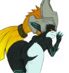  2012 armor bent_over bodily_fluids butt female genitals hair headgear helmet hi_res humanoid humanoid_pointy_ears imp long_hair looking_at_viewer looking_back midna nintendo ponytail pussy red_eyes smile solo sssonic2 sweat the_legend_of_zelda third-party_edit twili twilight_princess 