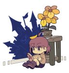  1girl bangs black_eyes black_shorts book boots brown_footwear brown_hair castle chara_(undertale) closed_mouth flag flower flower_pot full_body holding holding_book houten_(dre_a_mer) leaf leaf_on_head long_sleeves on_floor reading shirt short_hair shorts simple_background sitting table undertale white_background wooden_floor yellow_flower 