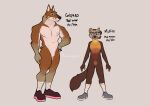  2023 anthro brown_body canid canine canis clothing duo ear_markings eyewear facial_markings featureless_crotch fingerless_(marking) fluffy fluffy_tail footwear footwear_only gaspard_(tambangwoof) glasses gulonine head_markings hi_res looking_at_viewer male mammal markings marten model_sheet mostly_nude muffin_(tambangwoof) muscular muscular_male mustelid musteline notched_ear pine_marten red_wolf shoes shoes_only short_tail simple_background slim_male smile snaggle_tooth socks standing tail tambangwoof white_clothing white_footwear white_socks wolf yellow_markings 