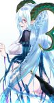  1girl ass back blue_hair blue_panties blue_shirt blue_thighhighs braid breasts cleavage cropped_shirt curled_horns fate/grand_order fate_(series) hair_between_eyes highleg highleg_panties highres horns large_breasts larva_tiamat_(fate) larva_tiamat_(third_ascension)_(fate) light_blue_hair long_hair looking_at_viewer looking_back open_mouth panties pink_eyes pointy_ears shidare_yanagi shirt shrug_(clothing) sidelocks smile solo striped_sleeves symbol-shaped_pupils tail thighhighs thighs tiamat_(fate) underwear very_long_hair 