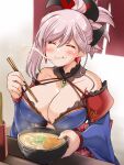  1girl blush bowl breasts chopsticks cleavage closed_eyes collarbone detached_sleeves earrings eating eyebrows_visible_through_hair fate/grand_order fate_(series) happy highres holding holding_bowl jewelry kurokaze_no_sora large_breasts miyamoto_musashi_(fate) pink_hair slurping smile udon 