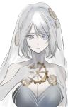  1girl blue_eyes breasts bridal_veil cleavage closed_mouth colored_eyelashes dainatsu dress e.g.o_(project_moon) faust_(project_moon) gears hand_on_own_chest highres limbus_company looking_at_viewer onatsu24a project_moon short_hair veil wedding_dress white_background white_hair 