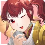  1girl anna_(fire_emblem) fire_emblem fire_emblem_heroes gold high_ponytail highres ikura_(downdexp) nail_polish one_eye_closed open_mouth red_eyes red_hair red_nails side_ponytail solo 