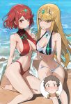  1boy 2girls adapted_costume bangs bare_arms bare_legs bare_shoulders barefoot beach bikini blonde_hair breasts brown_eyes brown_hair chest_jewel cleavage cleavage_cutout clenched_teeth closed_mouth clothing_cutout dual_persona embarrassed highres hood_(james_x) inset knee_up large_breasts long_hair multiple_girls mythra_(xenoblade) navel neon_trim ocean on_ground parted_lips pyra_(xenoblade) red_bikini red_eyes red_hair rex_(xenoblade) sitting smile swept_bangs swimsuit tears teeth tiara v-shaped_eyebrows very_long_hair water white_bikini xenoblade_chronicles_(series) xenoblade_chronicles_2 yellow_eyes 