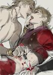  2boys black_nails bleeding blonde_hair blood blood_from_mouth blood_on_face blood_on_hands blood_on_knife blood_on_weapon brace bustersiri dio_brando ear_birthmark eye_contact face-to-face fangs fangs_out finger_in_another&#039;s_mouth fingernails highres holding holding_knife injury jojo_no_kimyou_na_bouken knife long_fingernails long_hair looking_at_another male_focus multiple_boys muscular open_mouth phantom_blood red_eyes red_shirt scar scar_on_neck selfcest shirt simple_background stab stardust_crusaders stitched_neck stitches topless_male vampire weapon white_background yaoi 