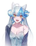  1girl absurdres ahoge animal_ears blue_hair breasts camisole cat_ears cleavage double_bun english_commentary fangs hair_between_eyes hair_bun head_tilt highres ive_(iveith) looking_at_viewer nijisanji nijisanji_en open_mouth orange_eyes simple_background single_off_shoulder solo twintails twisty_amanozako virtual_youtuber white_background 