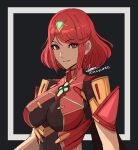  1girl bangs breasts cm_lynarc dark_background earrings eyebrows_visible_through_hair hair_ornament highres jewelry large_breasts looking_at_viewer navel pyra_(xenoblade) red_eyes red_hair short_hair signature solo swept_bangs upper_body xenoblade_chronicles_(series) xenoblade_chronicles_2 