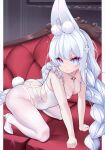  +_+ 1girl :o absurdres ahoge all_fours animal_ears ass azur_lane bangs bare_arms bare_shoulders blue_eyes blush braid breasts cleavage collarbone commentary couch eyebrows_visible_through_hair fake_animal_ears fake_tail full_body gradient_eyes hairband high_heels highres le_malin_(azur_lane) le_malin_(listless_lapin)_(azur_lane) leotard long_hair mikawa_sansen multicolored_eyes official_alternate_costume on_couch outside_border pantyhose parted_lips pillarboxed purple_eyes rabbit_ears rabbit_tail revealing_clothes small_breasts solo tail twin_braids v-shaped_eyebrows very_long_hair white_footwear white_hairband white_legwear white_leotard 