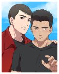  2boys 9wgt64 ao_isami black_hair black_shirt brown_hair closed_mouth facial_hair hand_on_another&#039;s_shoulder highres jacket light_blush looking_at_viewer looking_to_the_side male_focus multiple_boys red_jacket ryuji_satake shirt short_hair sideburns_stubble sky stubble twitter_username upper_body yuuki_bakuhatsu_bang_bravern 