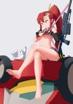 1girl :o absurdres barefoot belt between_breasts bikini bikini_top_only black_gloves black_shorts boota_(ttgl) boots breasts crossed_legs elbow_gloves fingerless_gloves flame_print full_body gloves gun hair_ornament high_ponytail highres long_hair looking_at_animal looking_down medium_breasts parted_lips ponytail red_hair rifle scarf short_shorts shorts sidelocks sitting skull_hair_ornament sniper_rifle soles strap studded_belt swimsuit tengen_toppa_gurren_lagann thighs toes unworn_boots very_long_hair weapon xia_ye yellow_eyes yoko_littner 