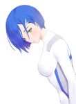  1girl blue_hair blush bob_cut bodysuit breasts closed_mouth commentary_request darling_in_the_franxx from_side green_eyes hair_ornament hairclip ichigo_(darling_in_the_franxx) large_breasts looking_at_viewer looking_to_the_side medium_hair simple_background siun solo white_background white_bodysuit 