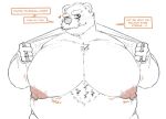 age_difference anthro bear belly belly_tuft big_belly blush blush_lines bodily_fluids boss breast_play breasts chest_tuft chin_tuft ellipsis eyebrows facial_hair facial_tuft heart_symbol huge_moobs inviting jewelry lactating leaking leaking_milk looking_at_viewer male male_lactation mammal mature_male milk moobs mustache nipples obese obese_anthro obese_male older_male onomatopoeia orange_text overweight overweight_anthro overweight_male pink_nipples presenting presenting_breasts presenting_moobs question question_mark simple_background slosh smile solo sound_effects text thick_eyebrows tuft unprofessional_behavior ursine white_background workplace yuck07