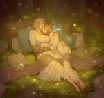  1girl 2girls bare_shoulders barefoot blanket blonde_hair bob_cut breasts closed_eyes dm_bboog dress dungeon_meshi elf falin_touden fireflies forest full_body grass grey_hair highres hug korean_commentary large_breasts leaning_on_person light_particles long_hair lying marcille_donato multiple_girls nature nightgown off_shoulder on_grass on_ground on_side open_mouth pillow pointy_ears reclining shared_blanket shawl short_hair signature sleeping sleepwear small_breasts white_dress yuri 