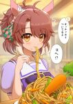  1girl ^^^ animal_ears blurry blurry_background blush brown_hair carrot chopsticks commentary_request dantsu_flame_(umamusume) ear_ribbon eating food highres holding holding_chopsticks horse_ears horse_girl indoors looking_at_viewer multicolored_hair noodles roppaku sailor_collar school_uniform short_hair short_sleeves solo speech_bubble tracen_school_uniform translation_request two-tone_hair umamusume upper_body white_hair white_sailor_collar yellow_eyes 