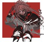  1boy black_capelet black_pants blood blood_in_hair blood_on_clothes blood_on_face brown_gloves capelet fangs finger_to_head gloves grey_shirt hair_between_eyes hair_intakes long_sleeves looking_at_viewer male_focus nijou_ryuu pants patchwork_skin pingguopai_xintu pink_hair red_eyes saibou_shinkyoku shirt short_hair_with_long_locks sketch smile solo tongue tongue_out torn_capelet torn_clothes uneven_eyes 