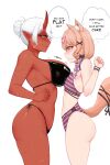  2girls @_@ absurdres akumi_(yoclesh) animal_ear_fluff animal_ears ass asymmetrical_docking bikini black_bikini blush breast_contest breast_press breasts cat_ears cat_girl cat_tail colored_skin facial_mark from_side highres horns huge_breasts indie_virtual_youtuber long_hair looking_at_another multiple_girls myth1carts pointy_ears red_eyes red_horns red_skin ribbon scar scar_on_arm scar_on_breasts scar_on_face scar_on_leg scar_on_stomach second-party_source shyrei_faolan small_breasts speech_bubble striped_bikini striped_clothes swimsuit tail tail_ornament tail_ribbon thought_bubble virtual_youtuber whisker_markings white_hair yellow_eyes 