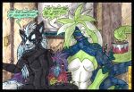  2021 anthro autumn_williams black_border border breasts colored colored_pencil_(artwork) cougar_leon drake_the_drizzile drizzile english_text featureless_breasts female fur game_freak generation_8_pokemon group hair humanoid hyena hysteria_klyntar male male/female mammal markings marvel nintendo nude open_mouth pokemon pokemon_(species) simple_background spots spotted_body spotted_fur spotted_hyena symbiote tail text traditional_media_(artwork) trio vetom were werehyena yvette_klyntar 
