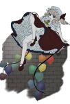  1girl ascot blonde_hair brick_wall closed_mouth dress drill_hair flandre_scarlet frills full_body hat leaf_wings legs looking_at_viewer mob_cap one_side_up petticoat posumine rainbow_order red_dress red_footwear shoes short_sleeves solo touhou white_mob_cap yellow_ascot 
