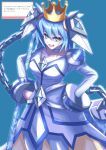  1girl absurdres blizzard_princess blue_dress blue_eyes blue_hair bracer chain collarbone crown dress duel_monster flail highres holding holding_staff looking_at_viewer marshmallow_(site) medium_hair request_inset shiina_aono shoulder_pads smile solo staff weapon yu-gi-oh! 