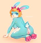  absurd_res anatomically_inaccurate anatomically_inaccurate_pawpads anthro anus artist_foxyrose blonde_hair blue_body blue_eyes blue_fur breasts countershade_face countershade_hands countershading feet female fur genitals hair hair_bows hi_res kneeling lagomorph leporid looking_at_viewer looking_back mammal nude paws pussy rabbit ribbons scut_tail short_hair short_tail solo tail tail_anus 