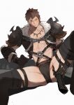  1boy abs algaebog ardbert_hylfyst bara blush brown_hair bulge disembodied_hand facial_hair feet_out_of_frame final_fantasy final_fantasy_xiv goatee_stubble highres looking_at_viewer male_focus muscular muscular_male pectoral_cleavage pectorals short_hair solo_focus spread_legs stubble thick_thighs thighs v-taper 