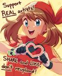  1girl :d artist_name bandana black_gloves blue_eyes brown_hair english_commentary english_text eyelashes gloves heart heart_hands laura_jimenez like_and_retweet looking_at_viewer may_(pokemon) open_mouth pokemon pokemon_(anime) pokemon_rse_(anime) red_bandana red_shirt shirt short_sleeves smile solo star_(symbol) teeth two-tone_gloves upper_body upper_teeth_only white_gloves yellow_background 