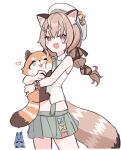  1girl absurdres animal_ear_fluff animal_hug brown_hair fang green_skirt hair_ornament hairclip hat heart highres komachi_panko long_hair looking_at_viewer lyrinne mouse_(animal) open_mouth phase_connect red_eyes red_panda red_panda_ears red_panda_girl red_panda_tail shirt simple_background skin_fang skirt sleeveless sleeveless_shirt smile thick_eyebrows virtual_youtuber white_background white_hat white_shirt 