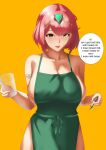  1girl absurdres apron bangs barista breasts brown_eyes cup drinking_glass english_text green_apron harstfazn headpiece highres holding holding_cup holding_pencil iced_latte_with_breast_milk_(meme) large_breasts meme naked_apron orange_background pencil pyra_(xenoblade) red_hair short_hair simple_background solo speech_bubble starbucks swept_bangs tiara xenoblade_chronicles_(series) xenoblade_chronicles_2 