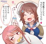  2girls ahoge baby_bottle blue_serafuku bottle brown_hair brown_shawl chougei_(kancolle) closed_eyes commentary_request hair_ornament hair_rings i-58_(kancolle) kantai_collection long_hair mitchell_(dynxcb25) multiple_girls neckerchief open_mouth pacifier pink_eyes pink_hair short_hair smile translation_request white_neckerchief 