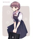  1girl black_dress blue_dress blunt_bangs blush bow bowtie braid breasts briefcase brown_eyes closed_mouth collared_shirt dress feet_out_of_frame french_braid grey_background grey_hair highres holding holding_briefcase looking_at_viewer pinafore_dress puffy_short_sleeves puffy_sleeves red_bow red_bowtie school_uniform seto_taichi shirt short_sleeves sleeveless sleeveless_dress smile solo teruya_fumika updo v_arms white_background white_shirt world_trigger 