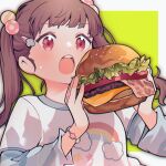  1girl :o blue_sleeves bracelet bread brown_hair burger cheese food holding holding_burger holding_food jewelry lettuce meat nekokurage_(musical_box) open_mouth original pink_eyes rainbow_print shirt solo tomato tomato_slice twintails white_shirt 