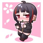  1girl absurdres ahoge black_choker black_footwear black_hair black_jacket black_thighhighs blush boots cellphone chibi choker closed_mouth colored_shadow commentary_request cup disposable_cup drinking_straw ear_piercing full_body highres holding holding_cup holding_phone hood hood_down hooded_jacket jacket long_sleeves looking_at_viewer multicolored_hair nail_polish nose_blush original phone piercing pink_background puffy_long_sleeves puffy_sleeves purple_eyes red_hair red_nails saishosaisekojo shadow solo streaked_hair thighhighs thighhighs_under_boots two-tone_background white_background 
