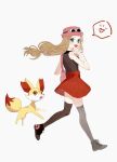  1girl :d bag bare_arms brown_hair brown_legwear brown_shirt eyelashes eyewear_on_headwear fennekin floating_hair from_side hand_up handbag hat heart highres long_hair open_mouth pink_bag pink_headwear pleated_skirt pokemon pokemon_(creature) pokemon_(game) pokemon_xy red_skirt rpp_pic serena_(pokemon) shirt shoes skirt sleeveless sleeveless_shirt smile spoken_heart sunglasses thighhighs tongue white_background 