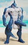  2024 anthro big_muscles big_penis biped blue_body connivingrat countershading erection fish foreskin genital_piercing genitals glans hi_res huge_muscles huge_penis humanoid_genitalia humanoid_penis looking_at_viewer male marine muscular muscular_anthro muscular_male penis penis_piercing piercing prince_albert_piercing shark solo standing valorlynz vein veiny_penis white_body white_countershading 