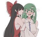  2girls black_hair blowing_in_ear blush bow breasts chest_sarashi collared_shirt commentary detached_sleeves english_commentary frilled_bow frills frog_hair_ornament green_eyes green_hair hair_bow hair_ornament hair_tubes hakurei_reimu highres kochiya_sanae large_breasts long_hair mata_(matasoup) meowing multiple_girls nose_blush open_mouth red_bow red_vest sarashi shaded_face shirt simple_background single_hair_tube sleeveless sleeveless_shirt snake_hair_ornament touhou upper_body vest white_background white_shirt yuri 
